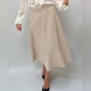 Zara Faux Leather Belted Midi Skirt in ECRU Size Large